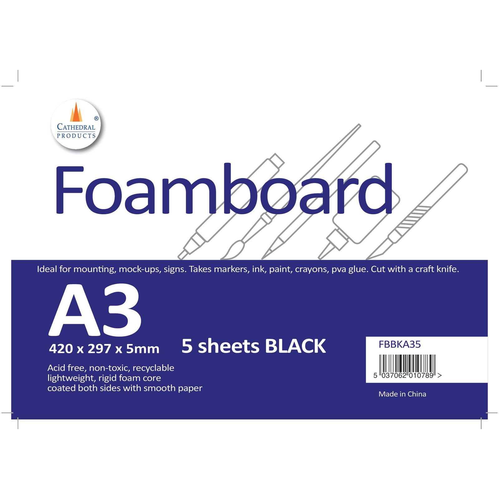 Cathedral Products Foamboard Black 5mm A3 (297 x 420mm) 5pk
