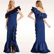 Tadashi Shoji Navy Blue Bala Ruffle Trim Gown Size X-Small 458