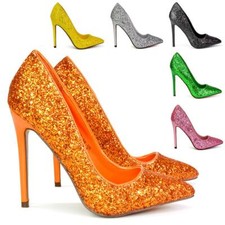 Womens Glitter Stiletto Heel Pointed Toe Ladies Party Court Shoes Size 3-8