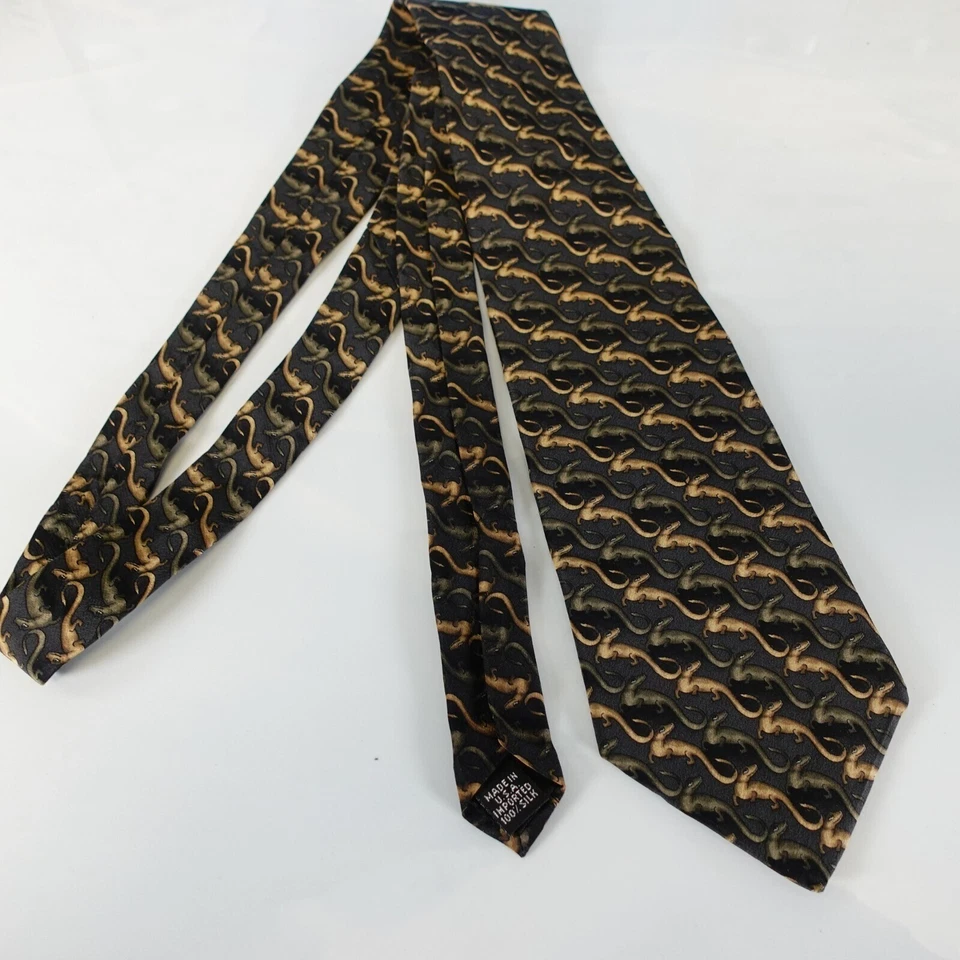 NATURA Neck Tie Mens Gray Tan Striped Silk Suit Modern Lizard Dark WIDE USA - Image 3 of 4