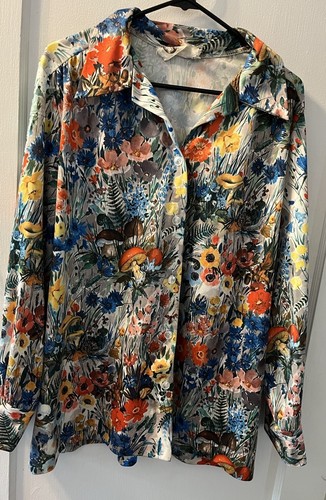Vintage Fashion Coalition Button Down Shirt Large Colorful Mushrooms Wildflowers