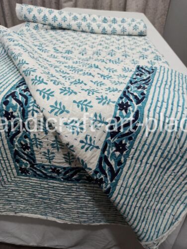 Unique Indian Hand Block Print Quilt Kantha King Size Bedspread Floral, Throw - Picture 8 of 8