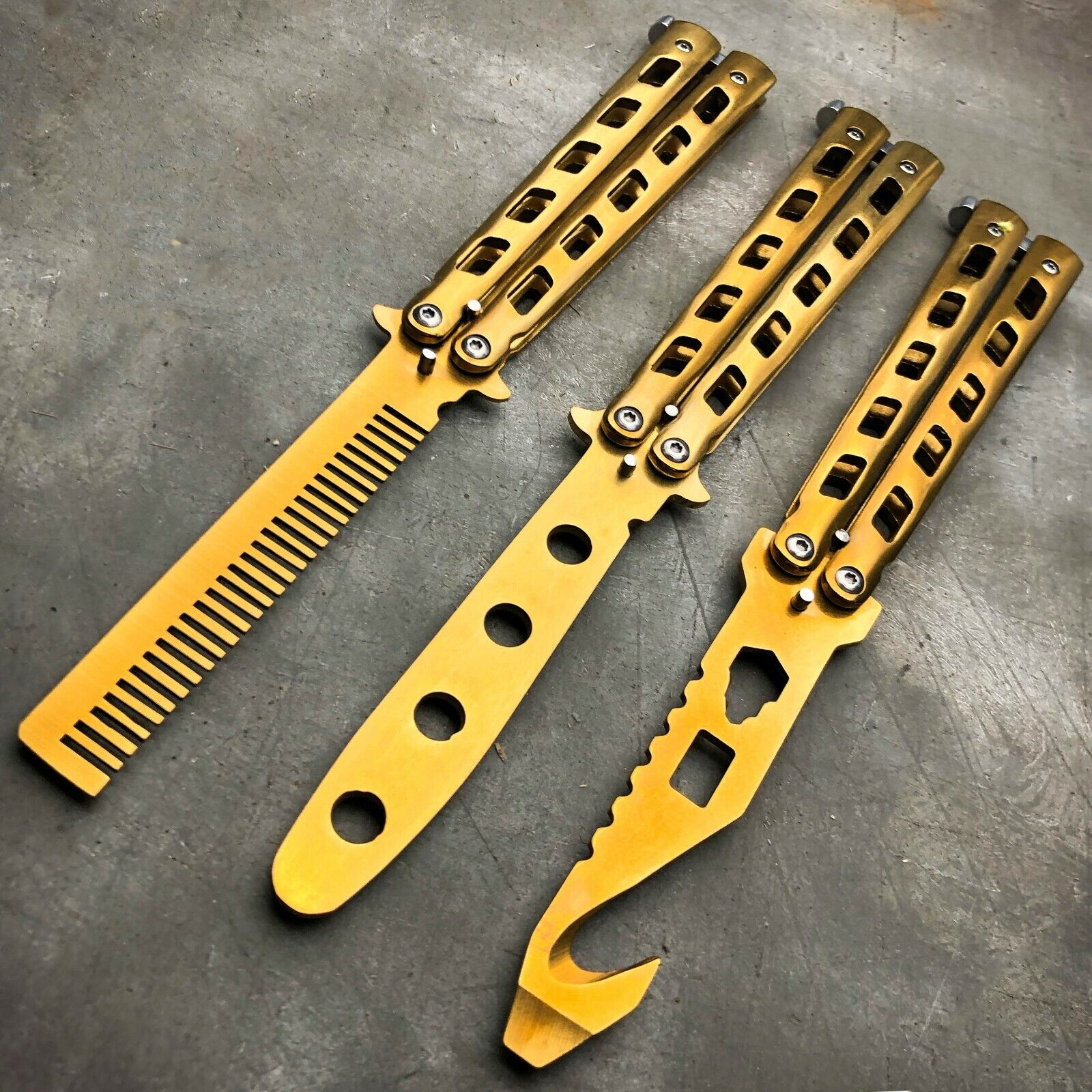 Følelse Genoplive dårlig GOLD Butterfly Balisong Trainer Knife Training Dull Blade Stainless  Practice NEW | eBay