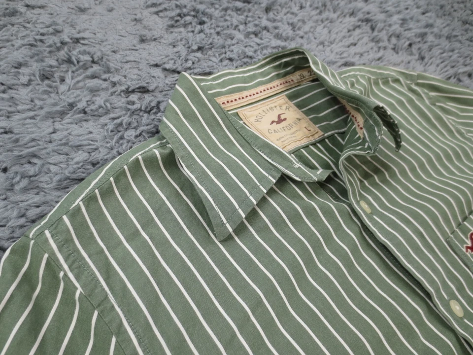 Hollister Shirt Mens Large Green Striped 100 Cotton Long Sleeve Button Up Logo - Image 4 of 4