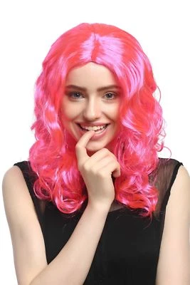 Perücke Damen Karneval lang Volumen Locken lockig Mittelscheitel rosa pink