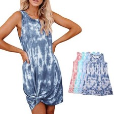 Sleeveless Womens Tie Dye Mini Dress Summer Holiday Beach Tank T Shirt New