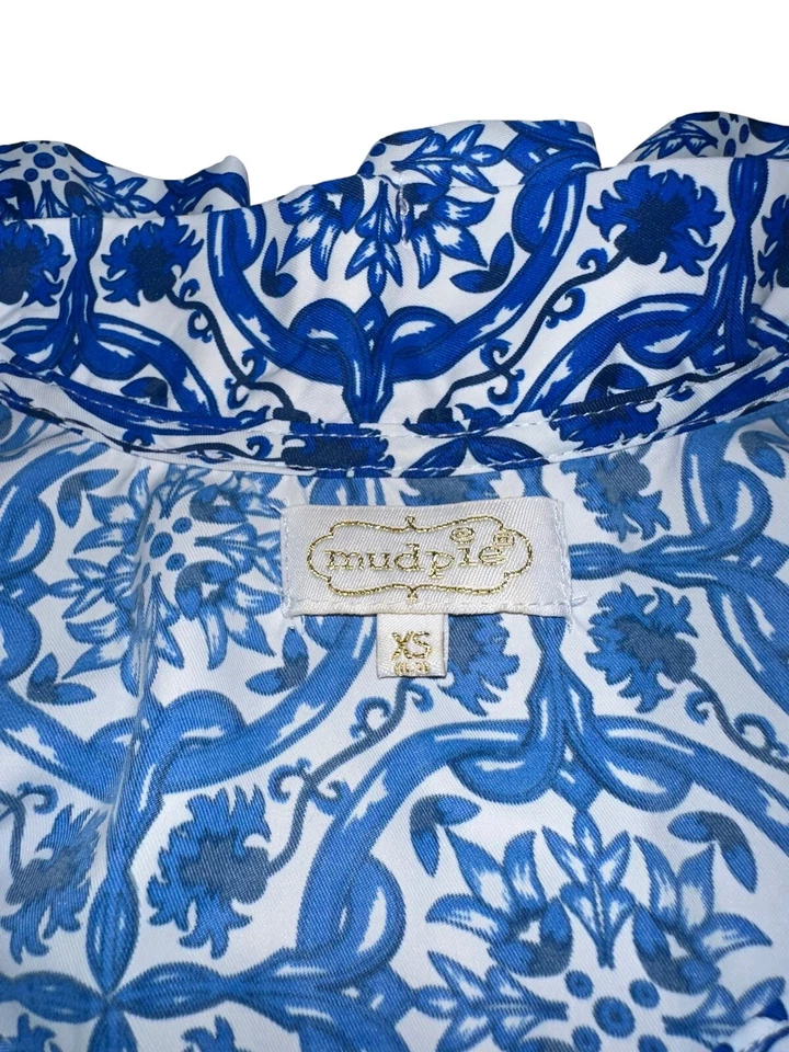 Blusa Mud Pie Whitney Cuello Volantes Sin Mangas Azul Blanco Talla XS Foto 3 de 4