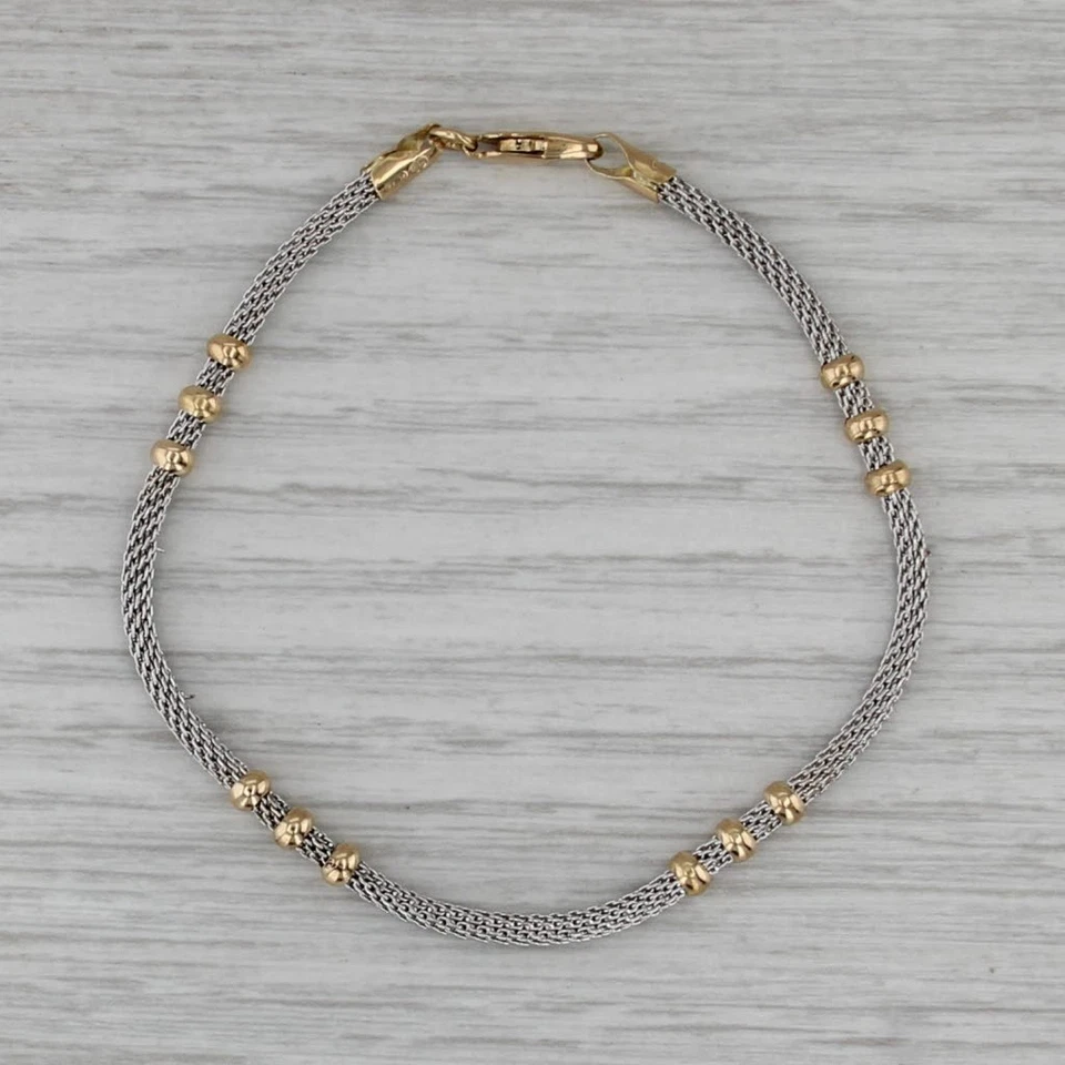 Mesh Chain Bead Bracelet 7" 18k White & Yellow Gold 3.5mm - Image 2 of 4