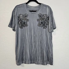Affliction Mens Gray T Shirt Lion Graphic Distressed Edges Size L Tie Dye Stripe