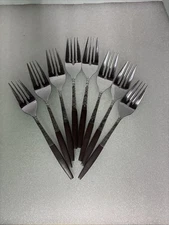 Interpur INR2 8 Salad Forks Japan MCM Stainless Flatware Synthetic Wood Vintage