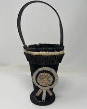 Retro Vintage Style Halloween Cone Treat Bucket with Rosette Black Glitter