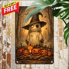 Spooky Halloween Witch Hat Pumpkin Tin Sign Vintage Autumn Holiday Metal Poster