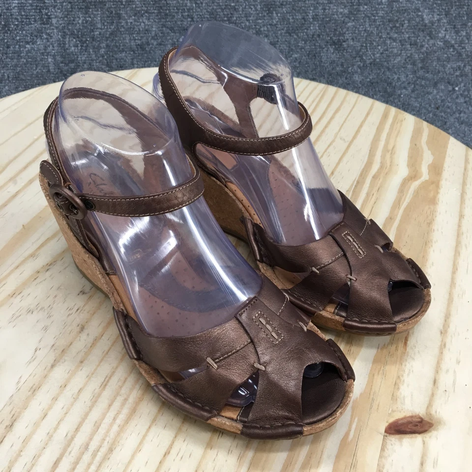 Sandalias artesanales Clarks para mujer 7,5 M Alameda correas al tobillo cuero marrón cuña peep Foto 3 de 4