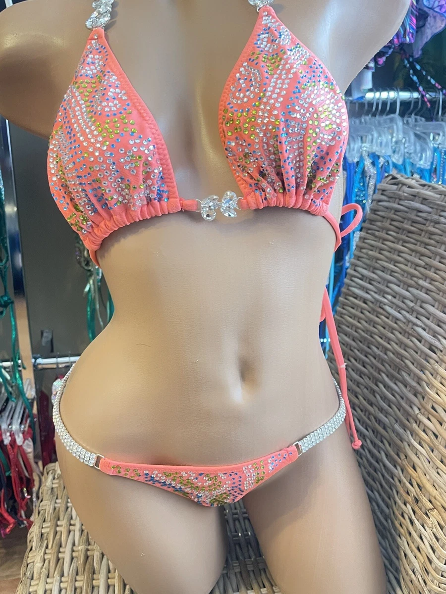 New Coral Competition Bikini IFBB posing suit Npc Rhinestone Practice Suit