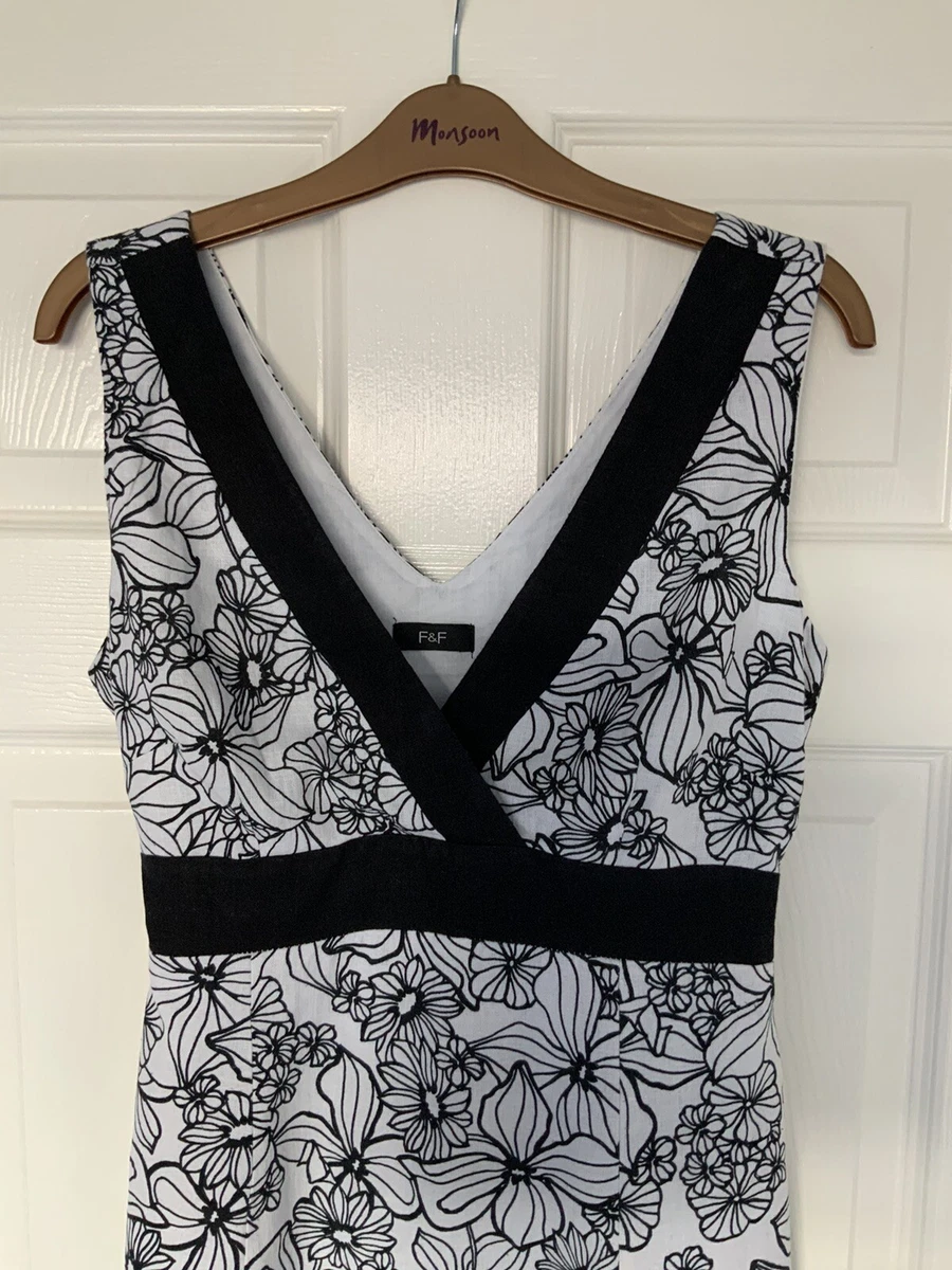 STUNNING BLACK WHITE LINEN MIX FLORAL MIDI DRESS SIZE 10 FULLY