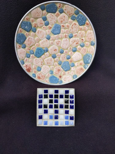 VTG MCM Mosaic Bowl Ceramic Tiles Gold Exterior Art Mosaic Turquoise and Pink