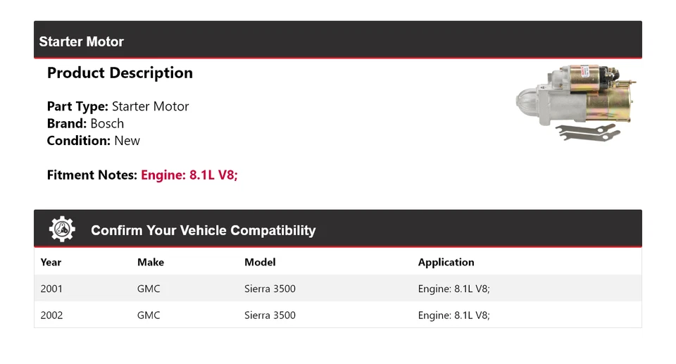 Arranque Bosch V8 8,1 L para GMC Sierra 3500 2001-2002 (nuevo) Foto 2 de 4