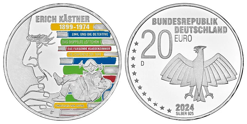 BRD 20 EURO 125. GEBURTSTAG ERICH KÄSTNER - 2024 SILBER FARBIG UNC