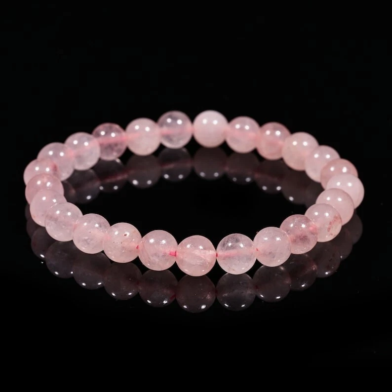 Pulseras A++ de cuarzo rosa redondas lisas con cuentas de piedras preciosas atraer amor para mujer de 6-8"" Foto 3 de 4