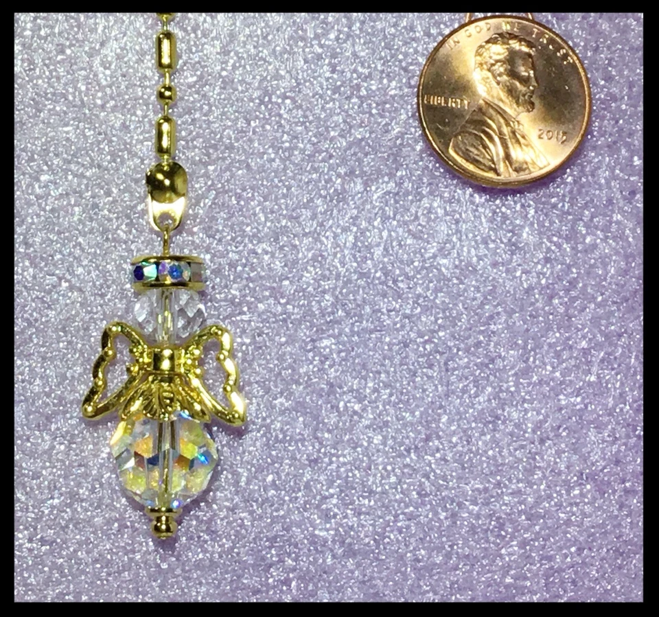 Handcrafted Bright Gold Angel Bar And Ball Chain Made With Swarovski Lamp Pull - Image 4 of 4