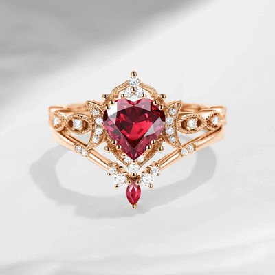 2Ct Heart Cut Lab Created Red Ruby Wedding Bridal Ring Set 14k Rose Gold Plated