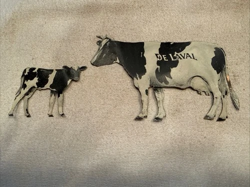Antique Vintage DeLaval Cream Separator Holstein Cow & Calf Tin Diecut Signs