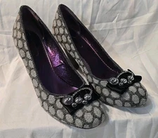 Poetic License Polka Dot Gray Pumps Heels Shoes W/ Rhinestones Size 40 