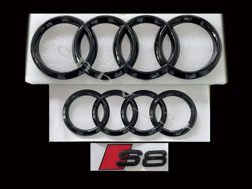 Audi S8 Front Rear Rings Emblem Gloss Black Trunk Logo Badge Set OE 3P 2015-2022