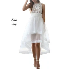 San Joy Ivory Organza Lace Layered Hi Low Cocktail Wedding Dress NWT Size M FLAW