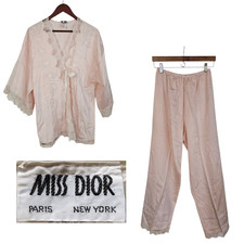 Vintage Miss Dior ILGWU Lingerie Pink Lace Wrap Top  Pants Lounge Sleep Set L