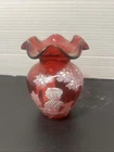 FENTON Cranberry Glass Hand Painted Vase Mary Gregory Style Signed Boy & His Dog