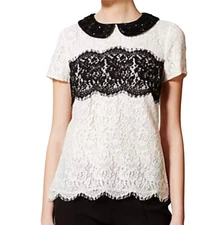 Anthropologie Peter Som x Made In Kind Blouse Lace Latitude Black & White US 2