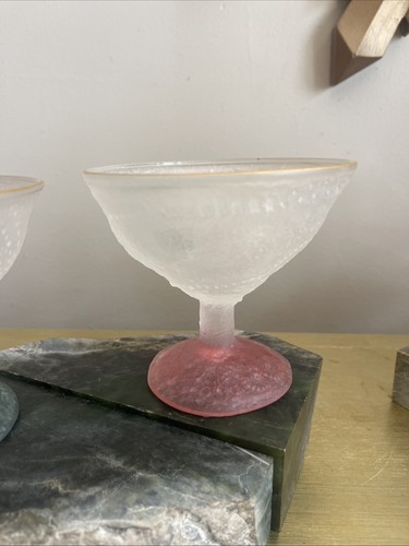 2pc Set Cristina Salusti Signed Fossilglass Glassware Pink Green Footed Gold Rim - Picture 3 of 11