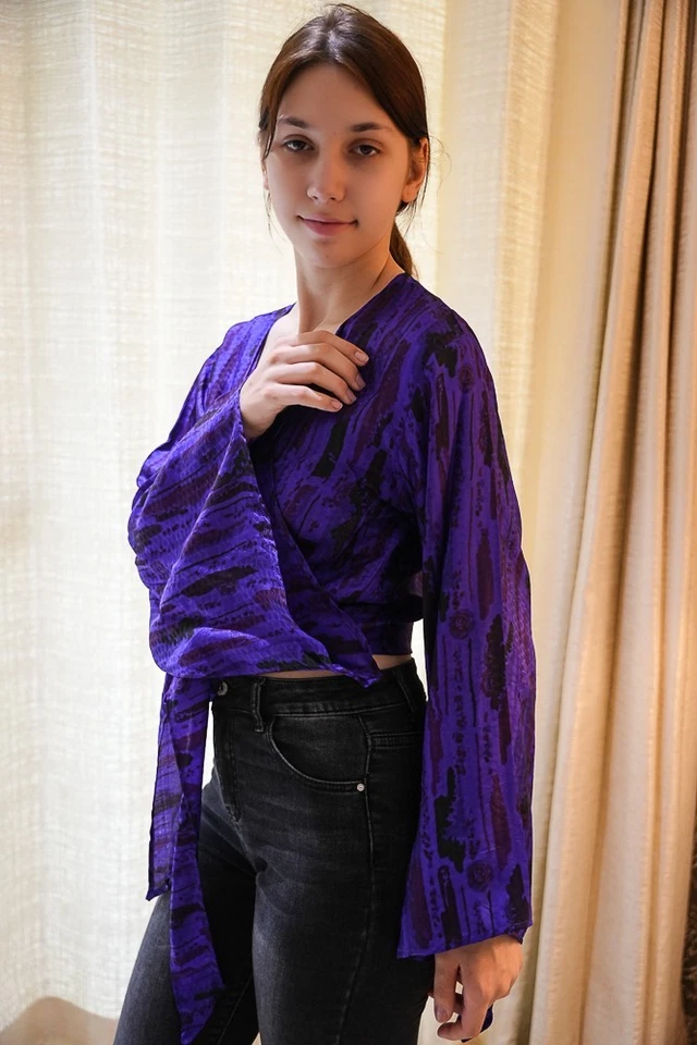 Wrap Top Pure Silk Tie Blouse Dress Girls Woman Y2k Boho crop Top PS PSW1708 - Image 4 of 4