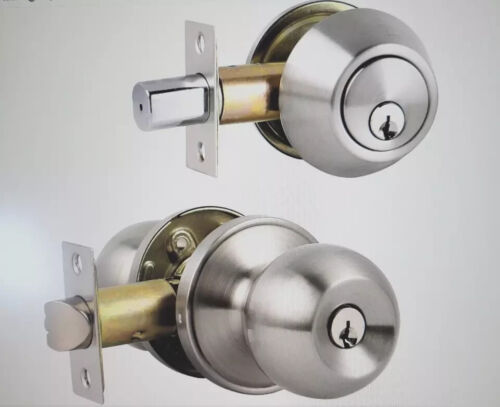 Entry Door Knob with Single Cylinder Deadbolt Combo Satin Nickel Keyed Alike