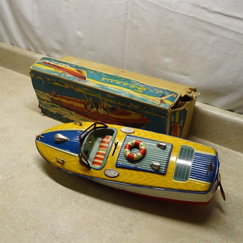 Vintage MSK Japan Tin Seamaid Boat+ Box, Battery Op Toy, 17" - Imagen 2 de 20
