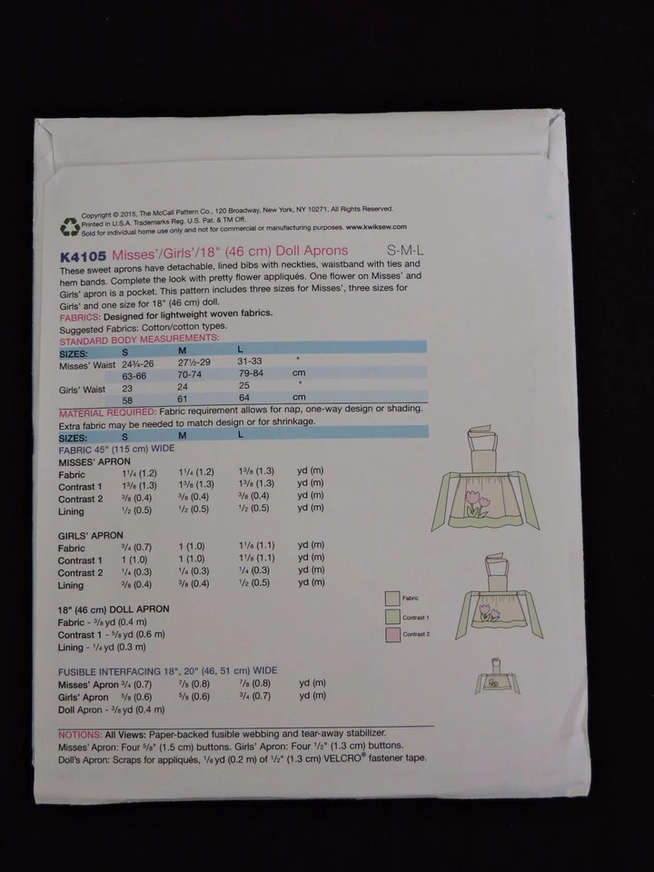 Kwik Sew Sewing Pattern Misses Girls Dolls Tulip Aprons Kerstin Martensson K4105 - Image 2 of 4