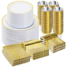 600PCS Gold Dinnerware Set for 100 Guests, Plastic Plates for Party, 100 Gold...
