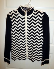 St John Navy Blue Off White Zig Zag Full Zip Sweater Jacket sz 2