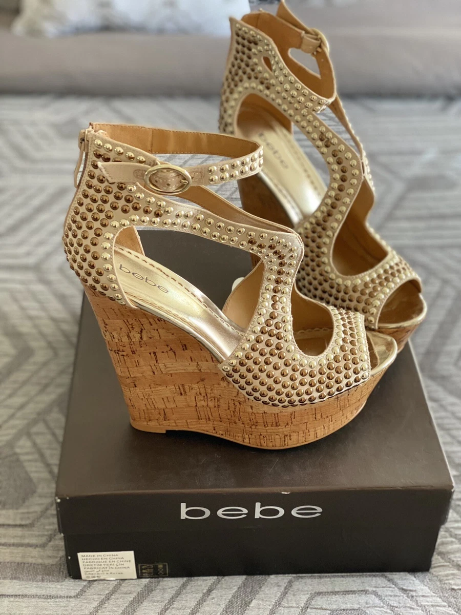 Bebe Studded Caitlyn Gold Heel Sandal Wedges. Size 10