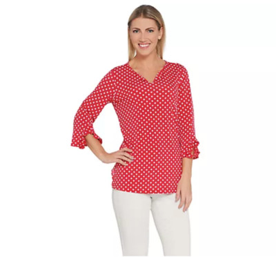 Susan Graver M Black w White Polka Dot Liquid Knit Split-Neck Top A304057