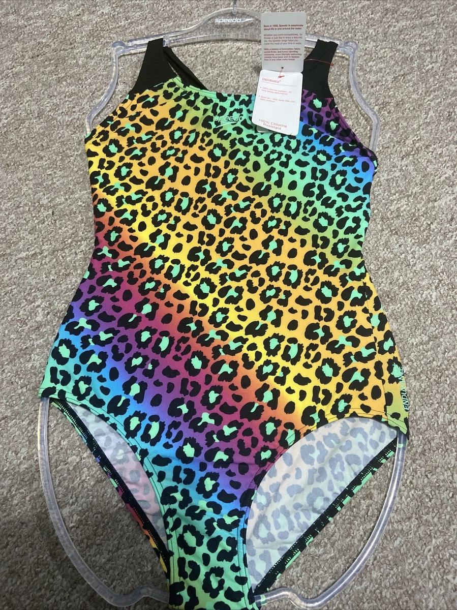 Speedo Cambodia Chlorine Resistant Swimsuit Leopard Print Rainbow Age  13-14yr