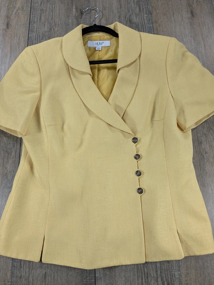 Chaqueta Blazer Le Suit Mujer 12 Amarilla Manga Corta Botón Preppy Oficina Foto 2 de 4