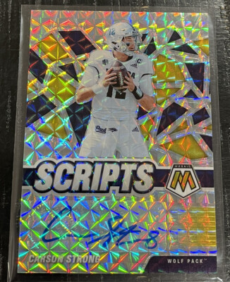 2022 Panini Mosaic Carson Strong Gold Prizm AUTO Scripts 5/10 Draft Wolf Pack
