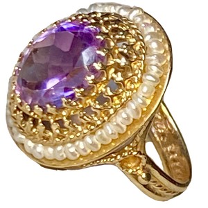 14k Yellow Gold Amethyst Seed Pearl Halo Ring Archaeological Revival Signed 7 Ebay