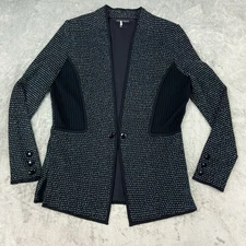 Ming Wang Blazer Womens XS Black Mint Green Sweater Jacket Knit Pattern Hook Eye