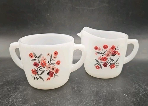 Vintage AH Fire King Primrose Milk Glass Creamer & Sugar Bowl (No Lid)