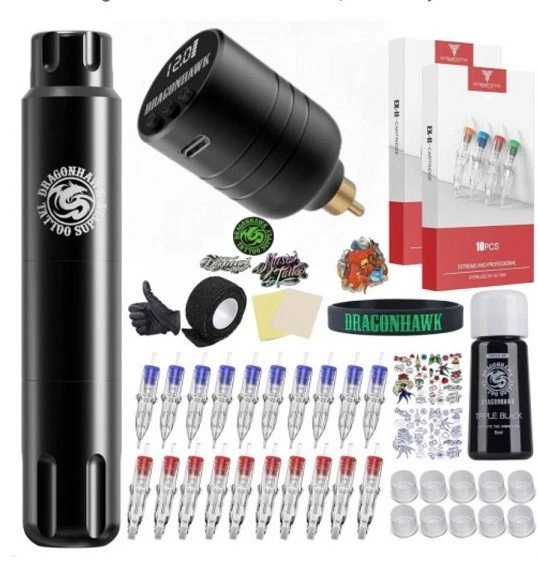 Dragonhawk Wireless Tattoo Kit, S12 Rotary Tattoo Pen Machine Gun