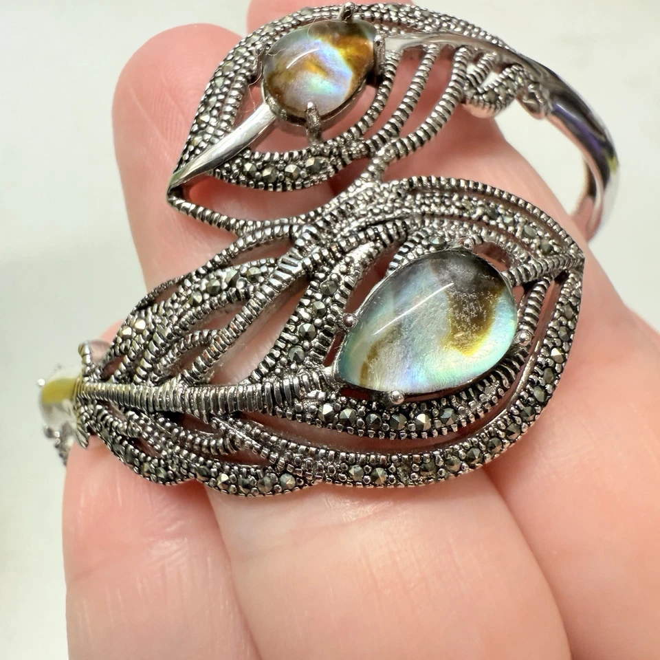 Посеребренный браслет из абалона с павлиньим пером марказитом хингегом 7 дюймов SLC - Изображение 3 из 4