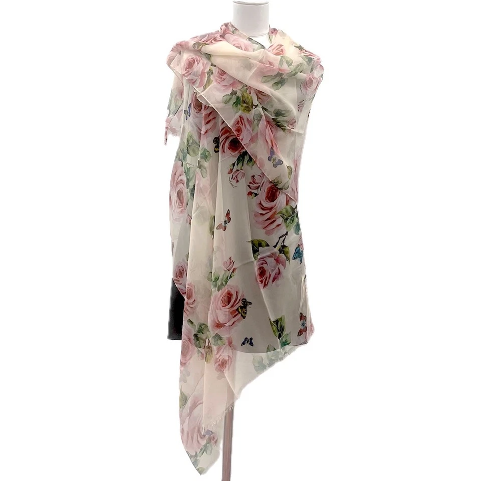 Dolce & Gabbana Floral Estampado Lujo Ligero Seda Bufanda Chal Rosa Multi Foto 3 de 4